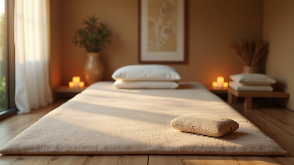 Eye-level view of a serene massage room with a Thai mat and cushions