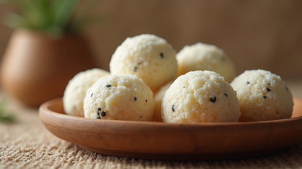 Close-up view of warm herbal compress balls resting on a wooden tray