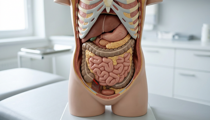 Wide-angle view of an anatomical torso model showing abdominal fat around internal organs