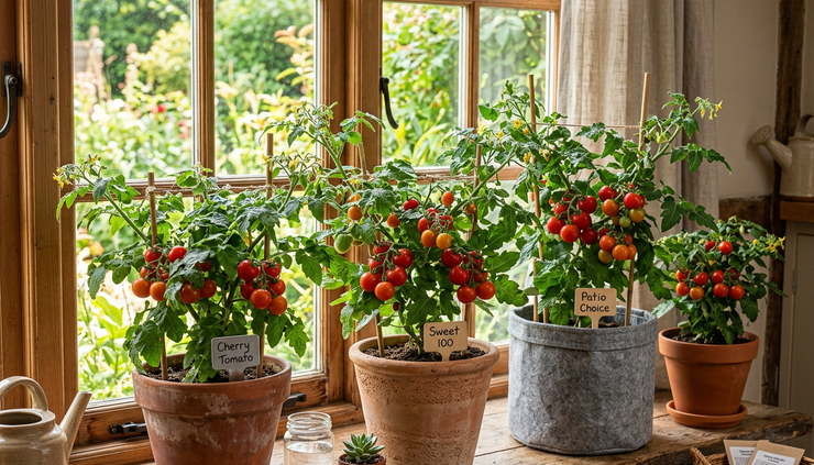 Potted cherry tomato plants on a sunny windowsill, labeled Cherry Tomato, Sweet 100, and Patio Choice, with ripe red fruit.