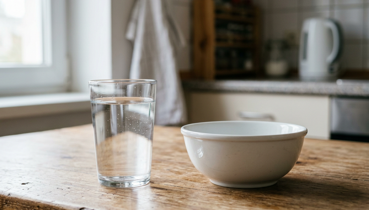 Eye-level view of a glass of water beside an empty ceramic bowl