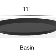 Black basin with 11" measurement, description of the product.