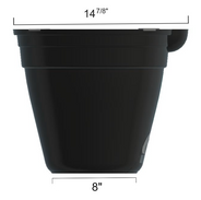Black self watering container with dimensions in inches: 14 7/8" and 8" for sale.