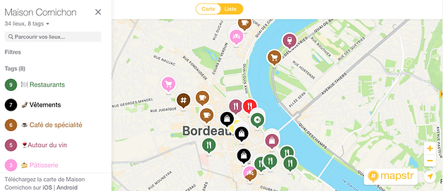 La carte Mapster de Maison Cornichon Bordeaux les meilleurs adresses de la ville