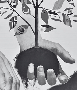 Hands planting a tree of flags: global unity