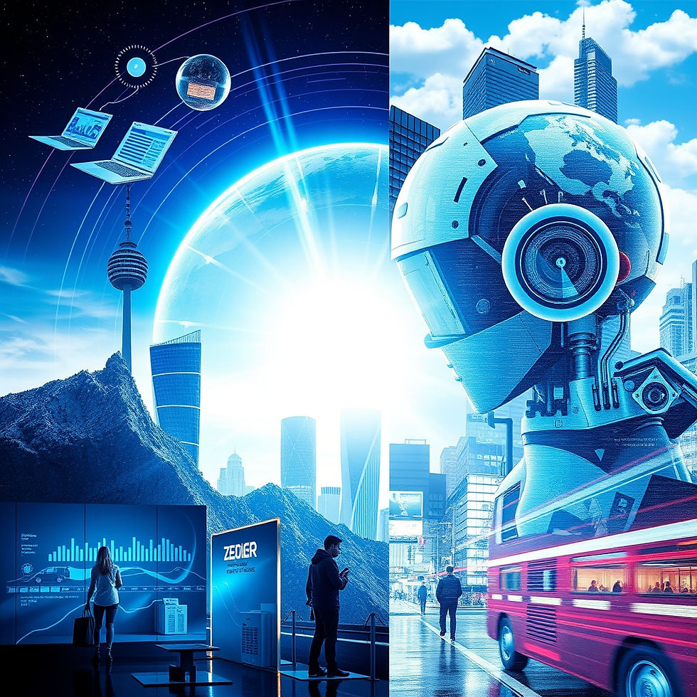Futuristic cityscape blending digital technology with urban life, featuring a robotic figure and vibrant skyline, illustrating the intersection of innovation and everyday reality.