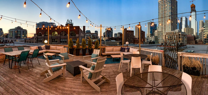 Huron Street Lofts rooftop deck at sunset