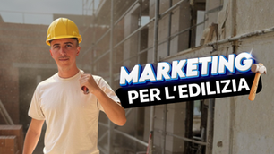 Uomo con casco da cantiere davanti a un edificio in costruzione a Lodi, con testo ‘Marketing per l’edilizia’ sovrapposto.