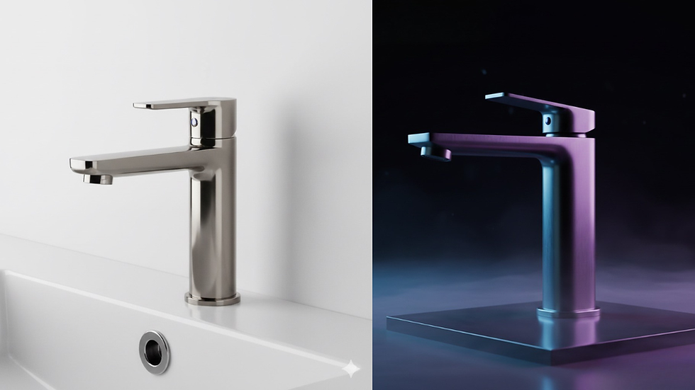 Render iper-realistico di un miscelatore da bagno B2B in finitura satinata, con riflessi nitidi e illuminazione artistica soffusa (viola, rosa, azzurro). Foto prodotto di design ottenuta con AI (Nanobana), inquadratura dall'alto.