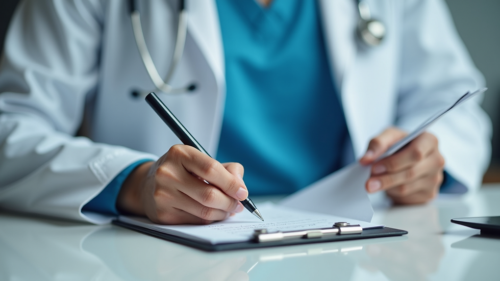 Close-up view of a health professional reviewing patient notes