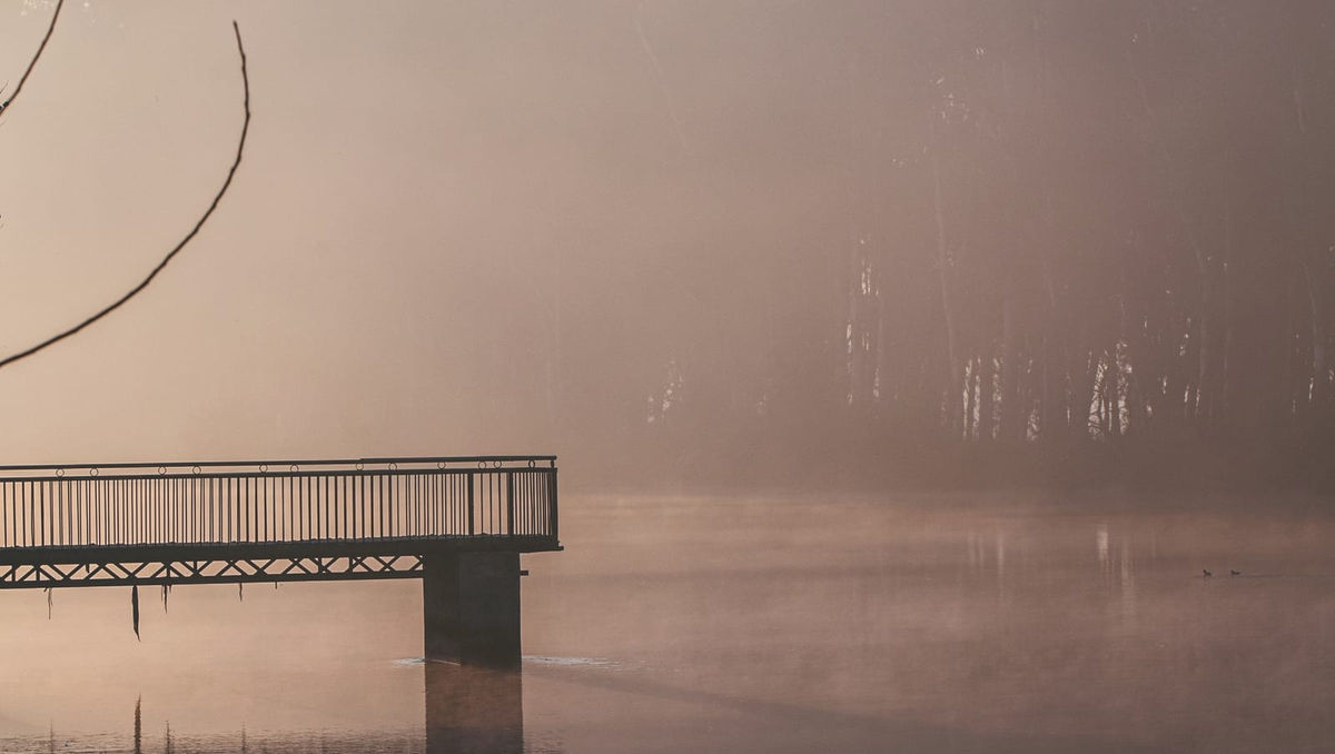 A wooden jetty on a misty lake in soft pink and grey morning light