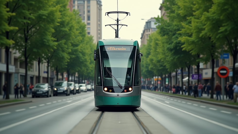 Eye-level view of a modern tram moving through a green city street