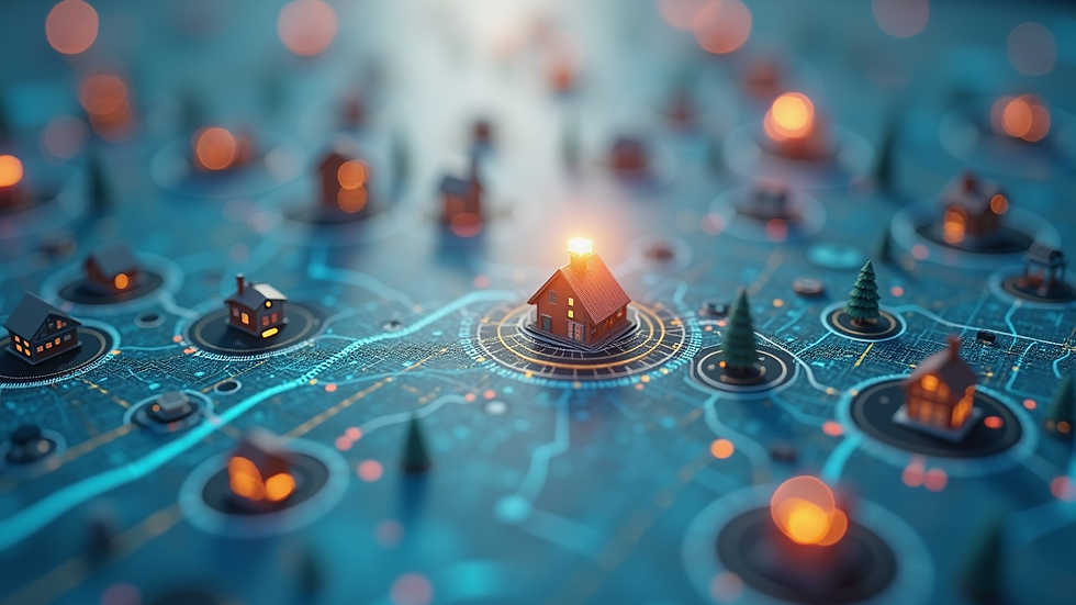 High angle view of a digital map with real estate data points