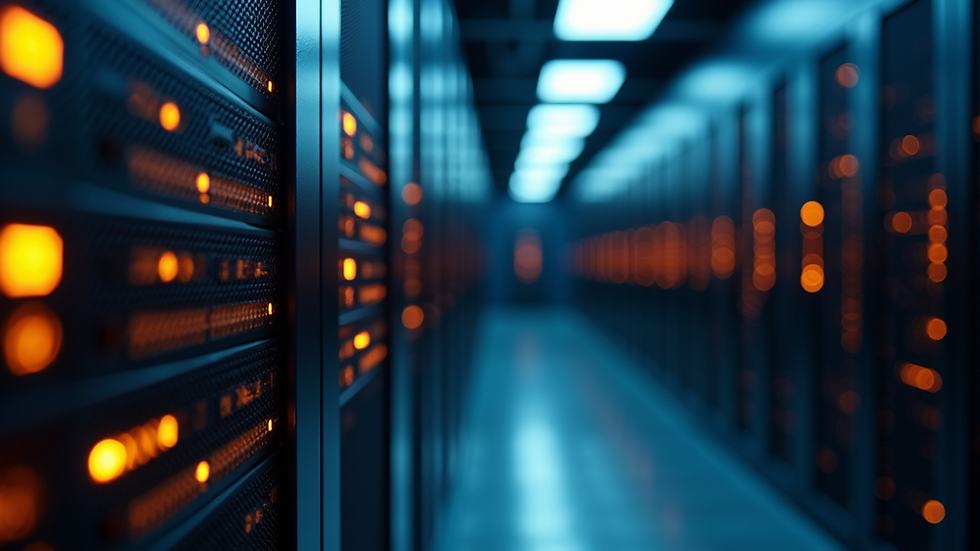 Close-up view of a server room with glowing lights
