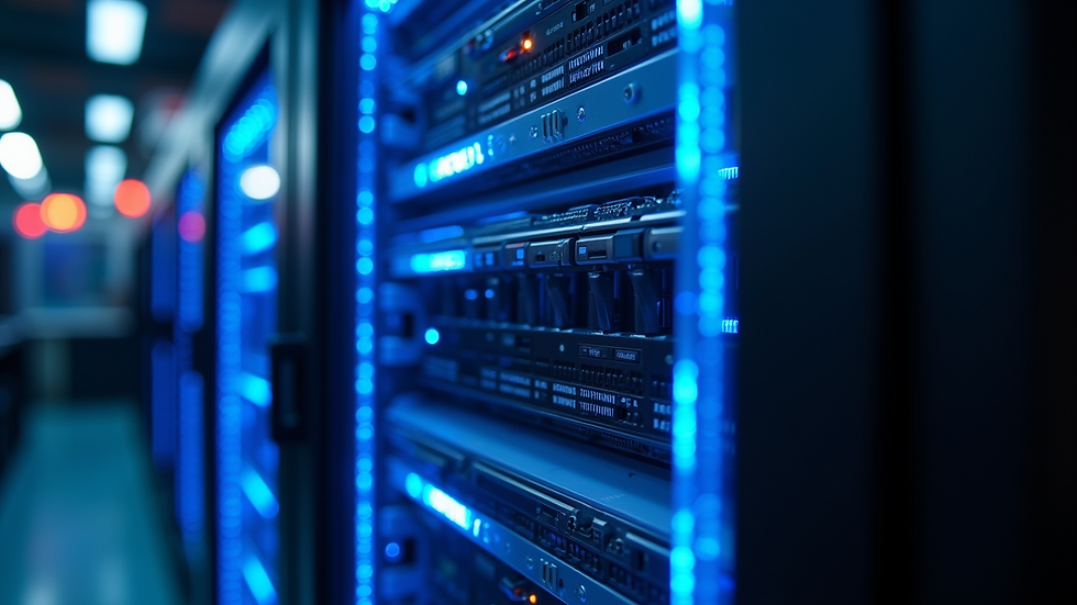 Close-up view of a server rack glowing with blue lights