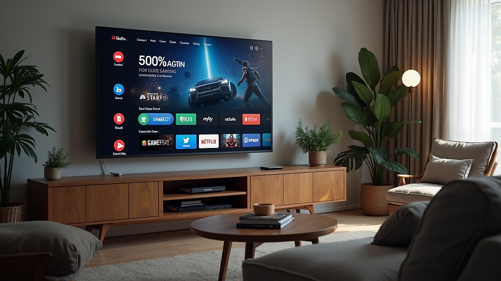 High angle view of a living room with a smart TV displaying a cloud gaming service menu