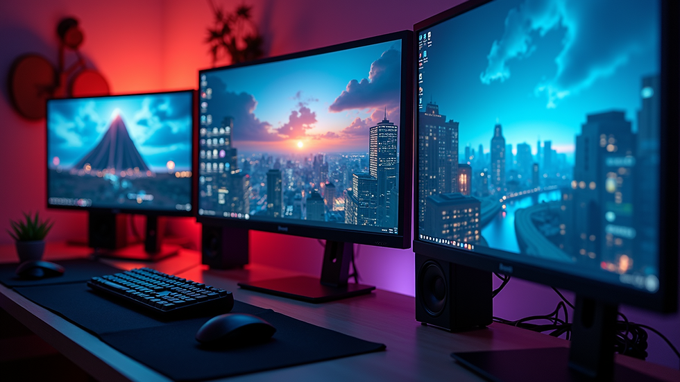 Eye-level view of a gaming setup with multiple screens displaying cloud gaming platforms