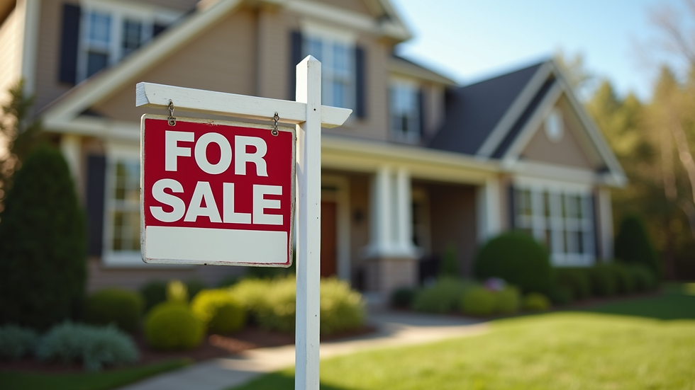 High angle view of a "For Sale" sign in front of a suburban house