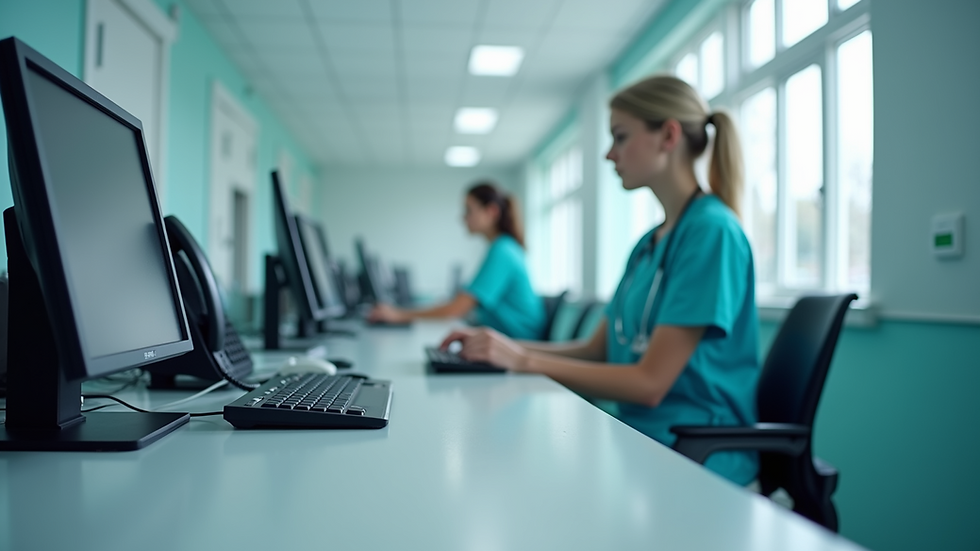 Eye-level view of a hospital nurse station with computers and phones