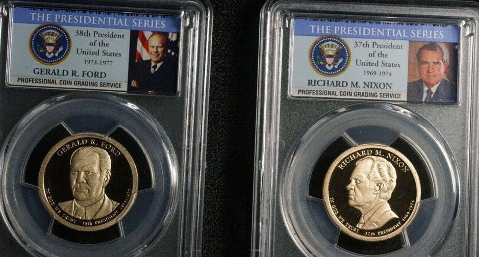 Figure 1. These certified coins illustrate Presidential Branding (Level 1) within the Presidential Numismatic Research Framework. Their connection to the President exists through third-party labeling and presentation rather than documented presidential ownership, handling, official use, or provenance.