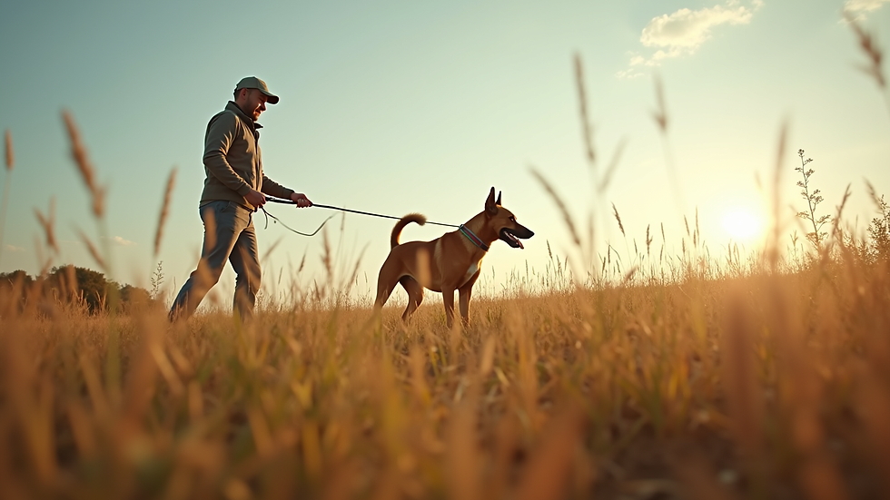 Wide angle view of a dog and owner training in a field with tall grass
