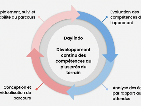 Schéma du cycle continu Daylindo : évaluation, analyse des écarts, conception et suivi terrain.