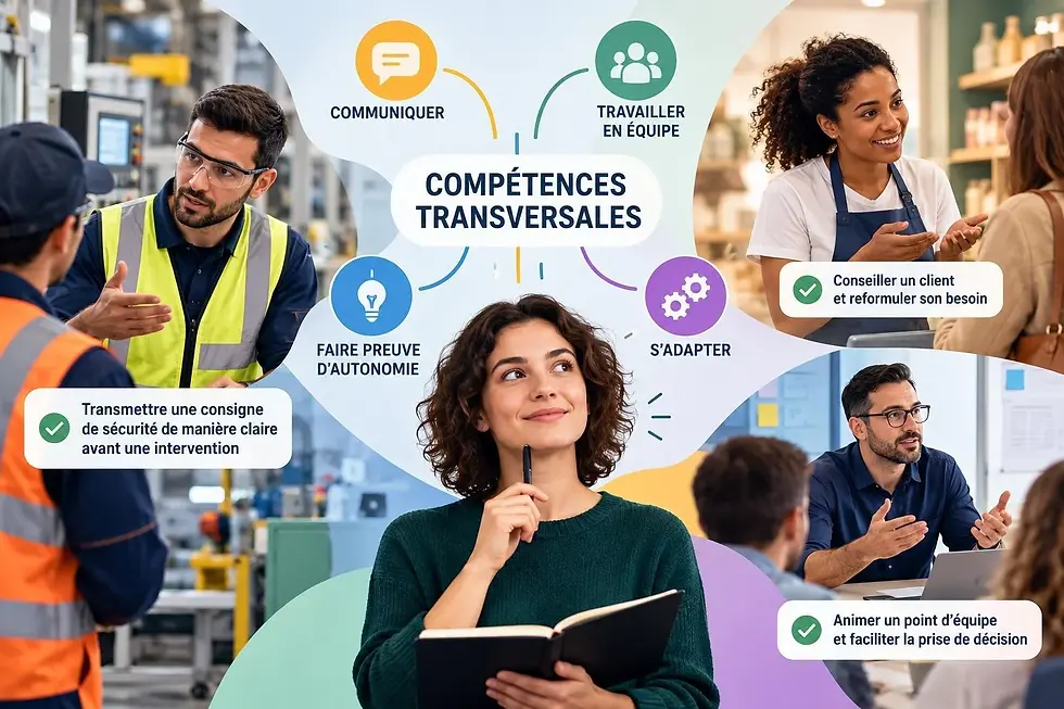 Compétences transversales et techniques illustrées dans un référentiel métier reliant savoir-faire, aptitudes professionnelles et situations de travail.