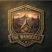 Embroidered adventure badge with gold metallic border, featuring a compass icon over a horizon.