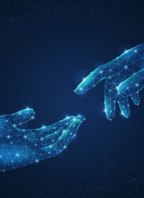 Two digital hands reaching towards each other