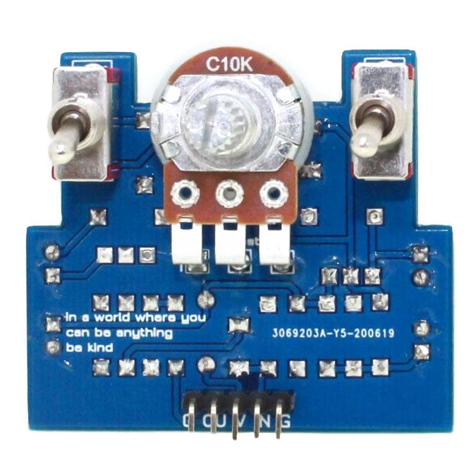 Thumbnail: front view of completed guitar pedal circuit board with toggle switches