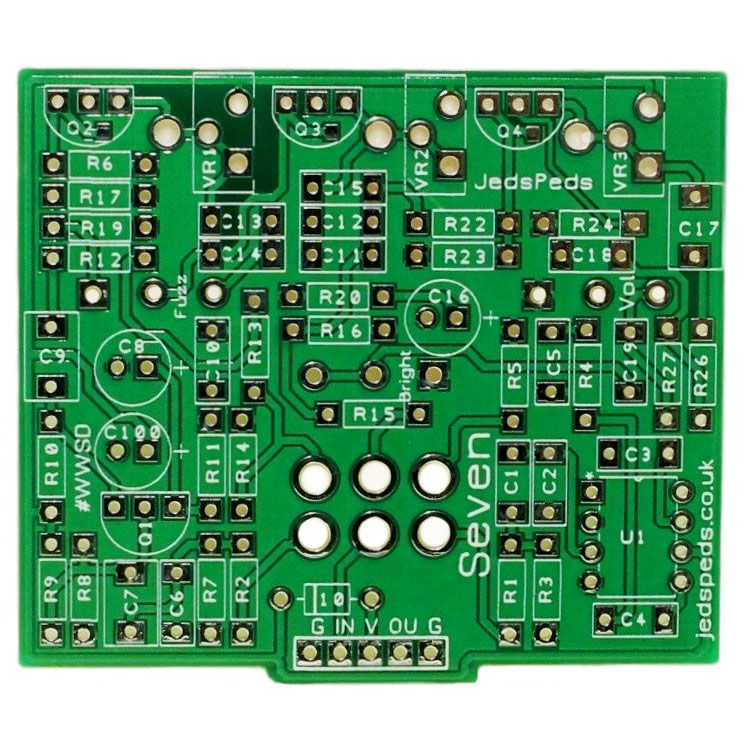 front view of empty guitar pedal circuit board