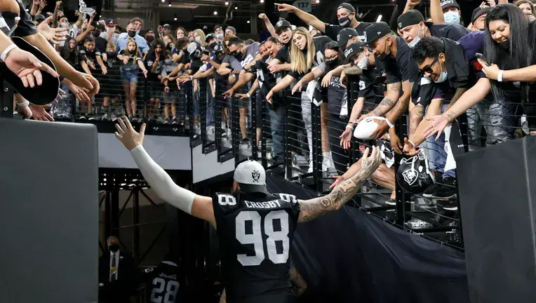 Las Vegas Raiders DE Maxx Crosby following a victory over the Seattle Seahawks in 2021.