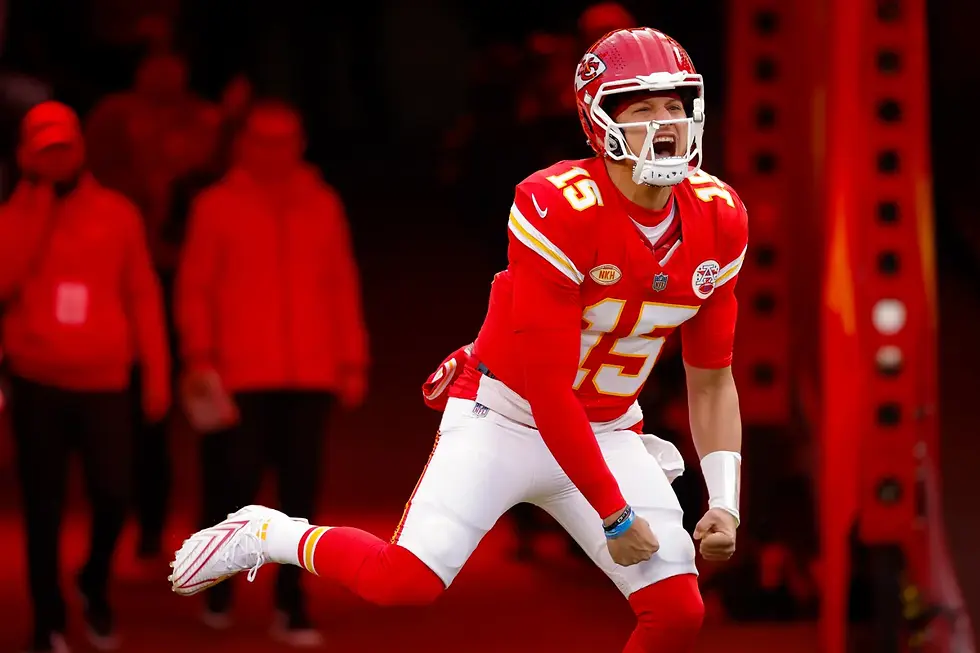 Kansas City Chiefs QB Patrick Mahomes prior to the game versus the Buffalo Bills in 2023.