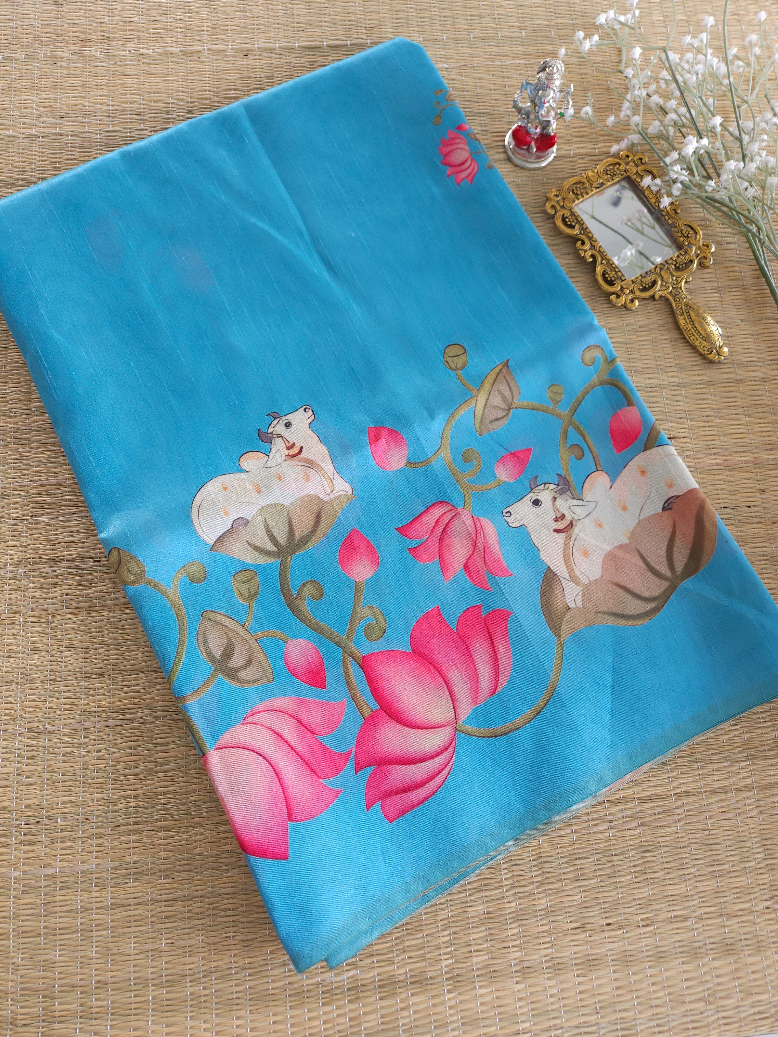 Semi Tussar Pichwai saree SKYBLUE