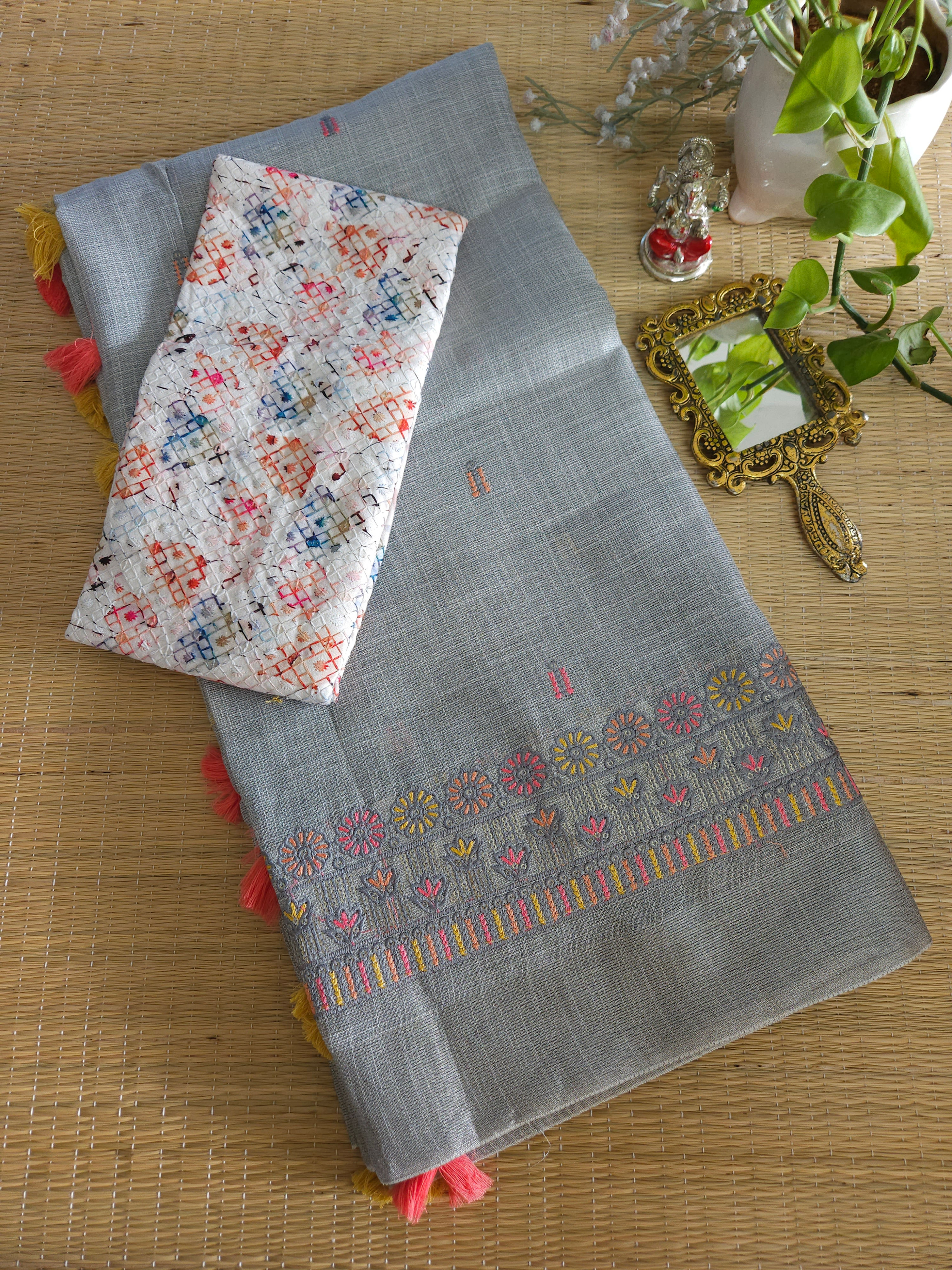 Linen Embroidery saree