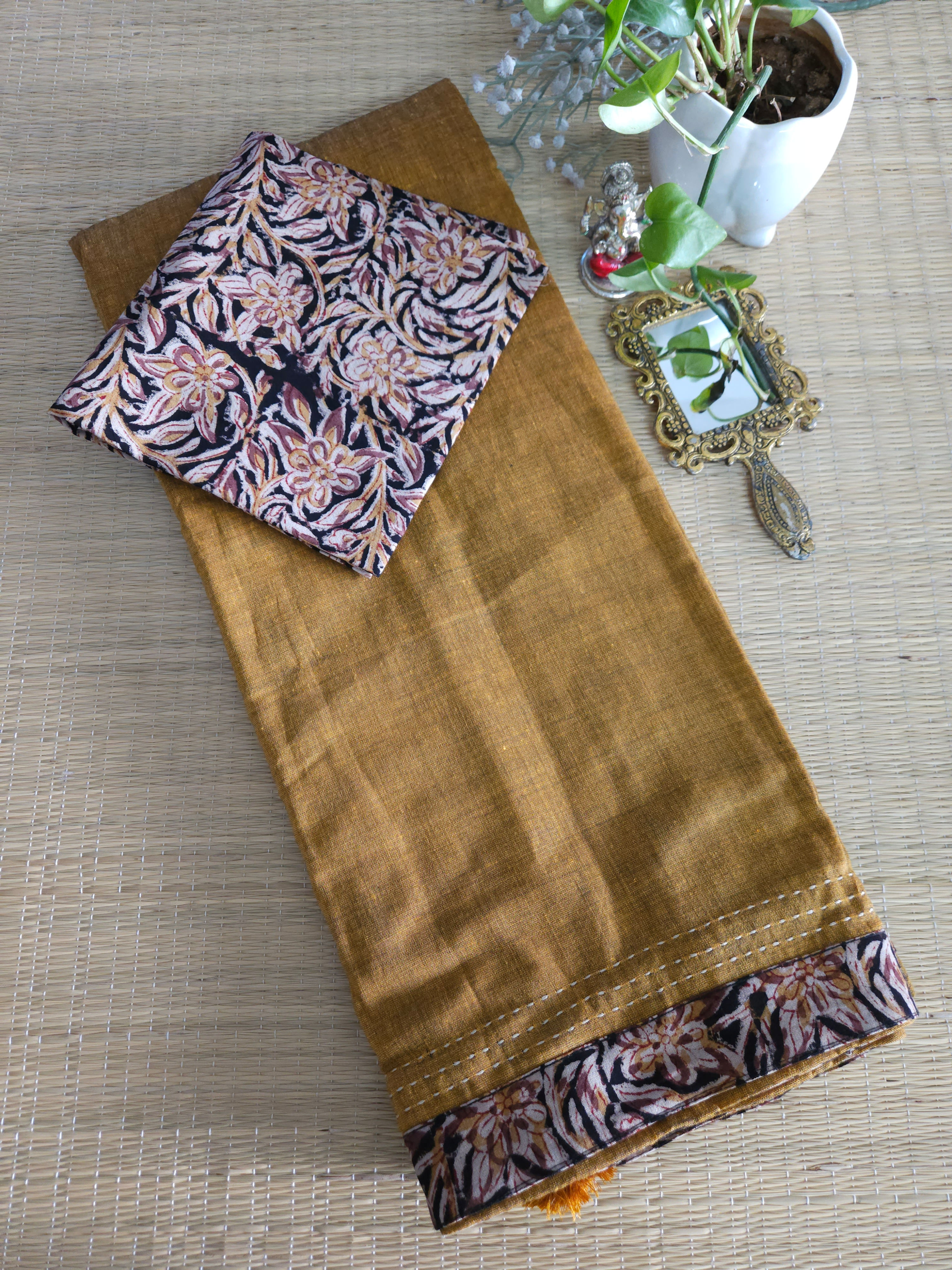 Pure Mul Mul cotton saree with Kantha stitch and kalamkari border 