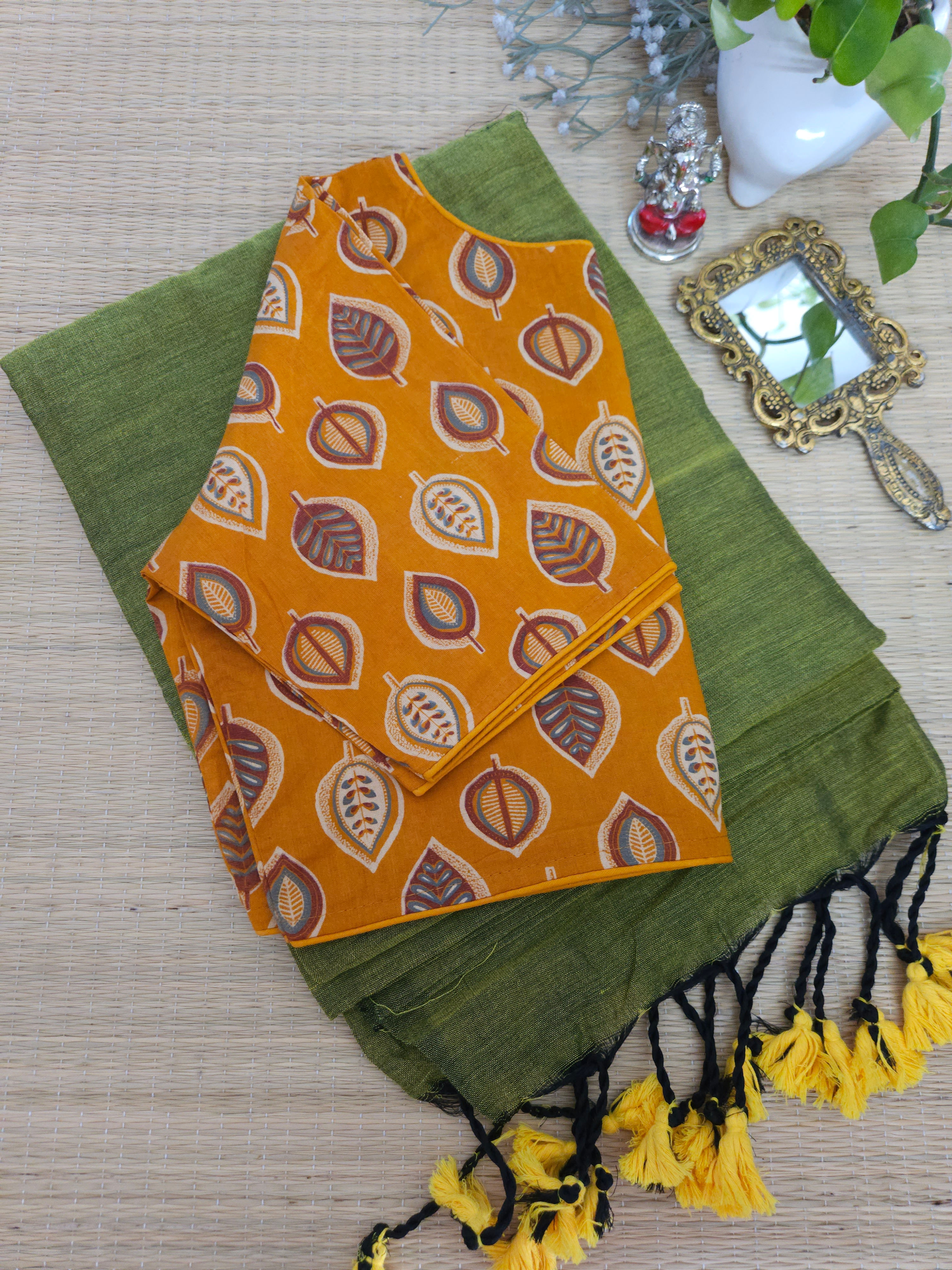 Khadi cotton saree + Ready to wear blouse 