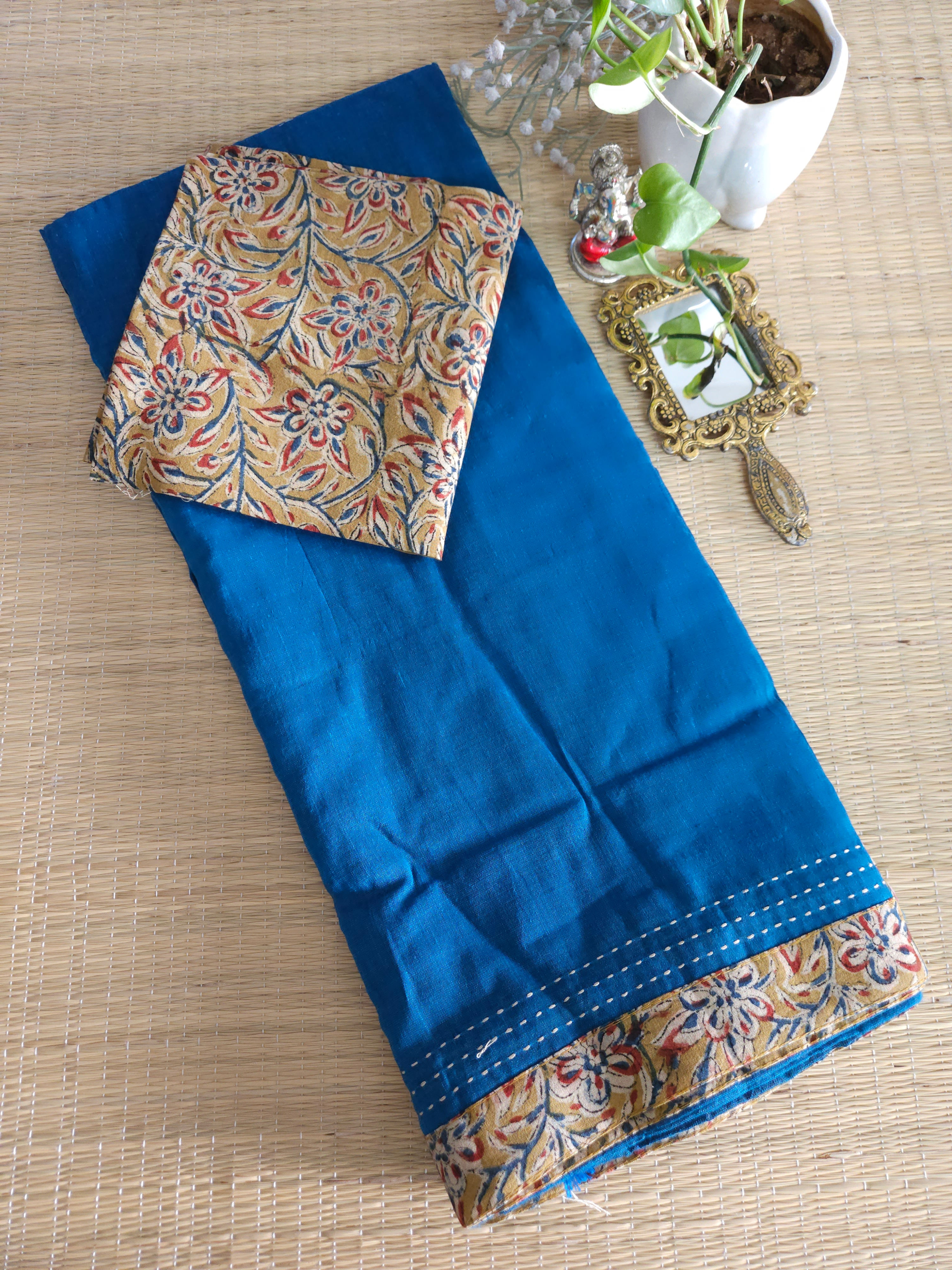 Pure Mul Mul cotton saree with Kantha stitch and kalamkari border 