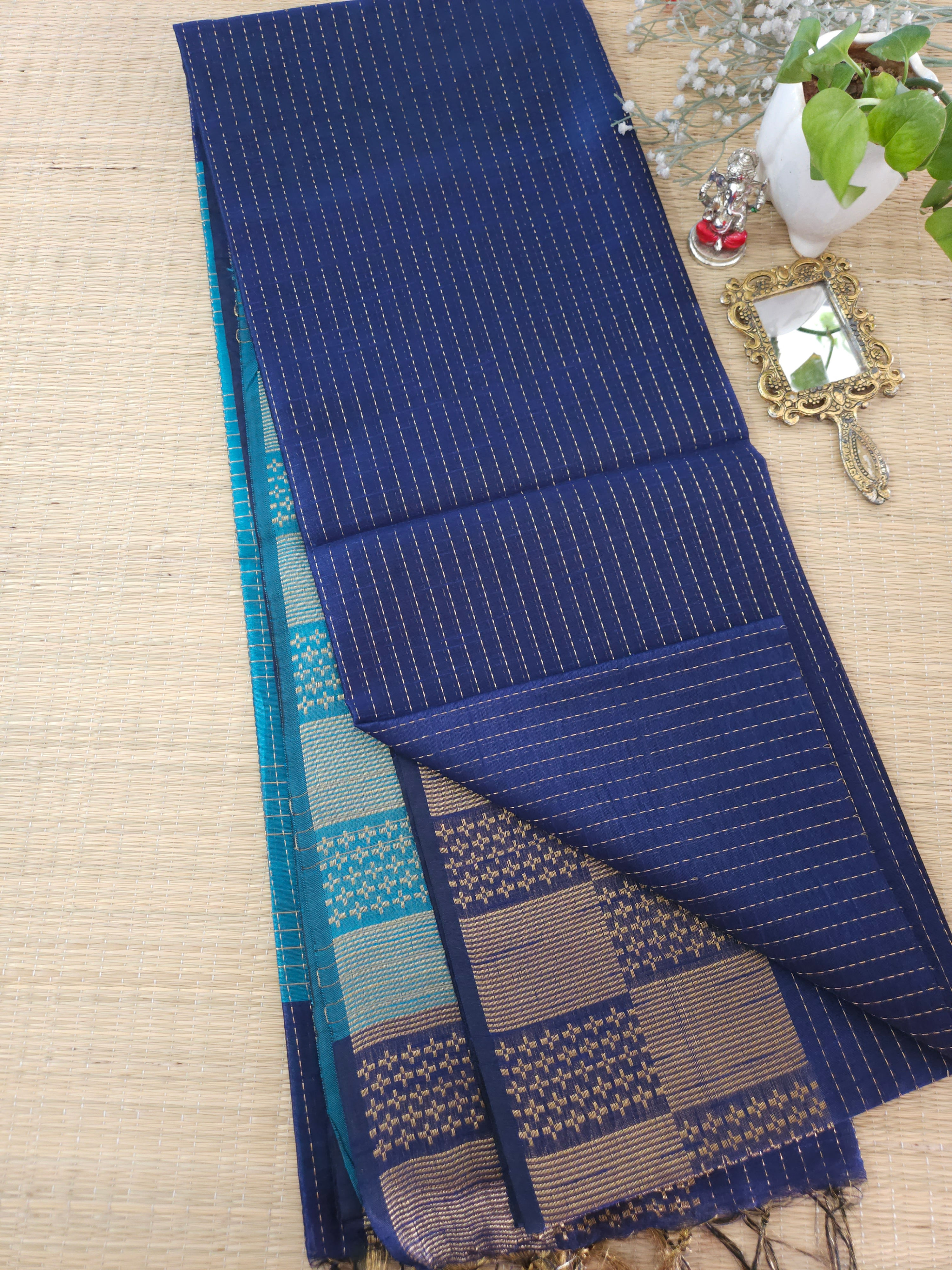 Raw silk saree Royal Blue + sky blue