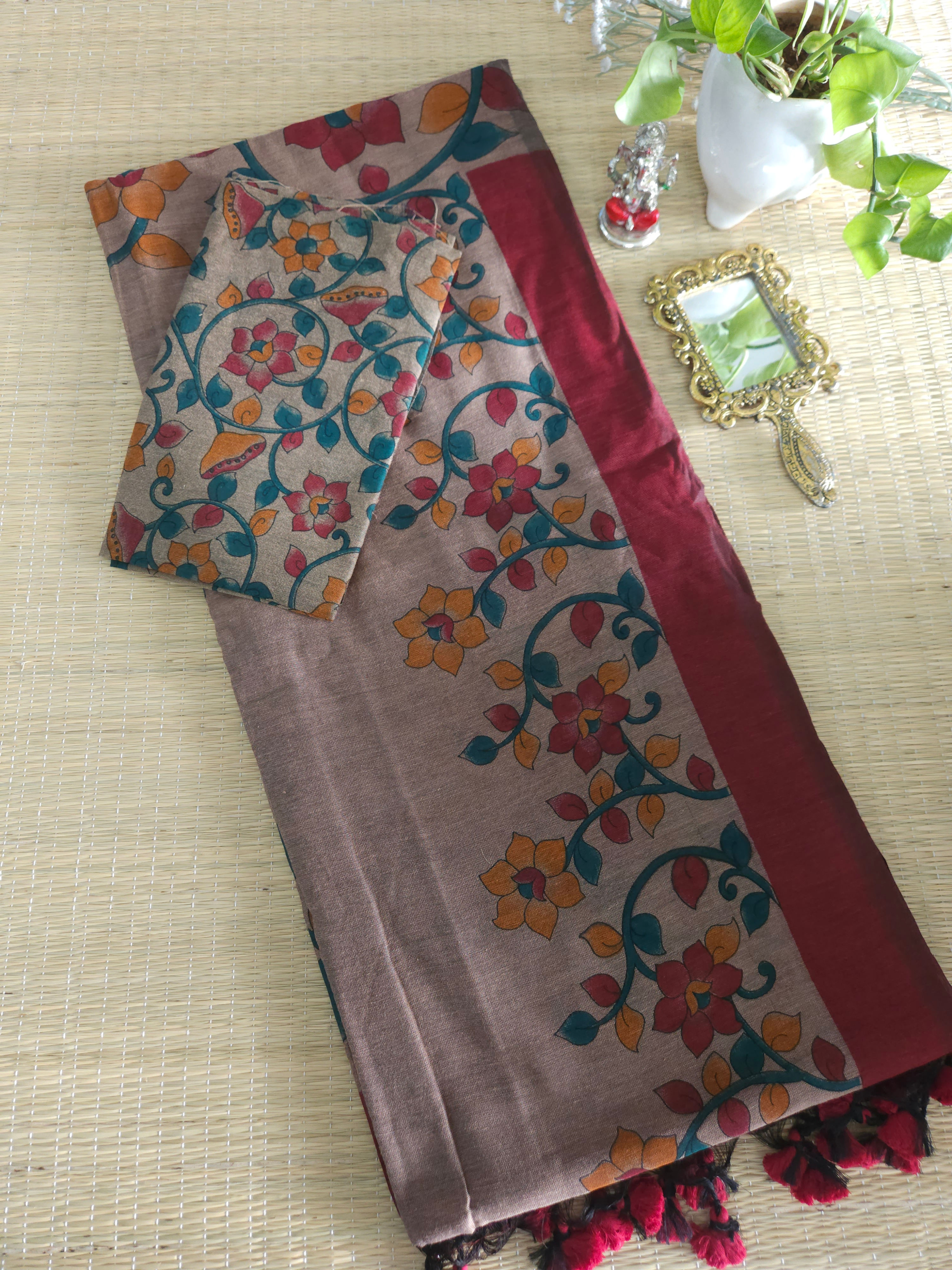 Pure Mul Mul cotton saree with kalamkari border 