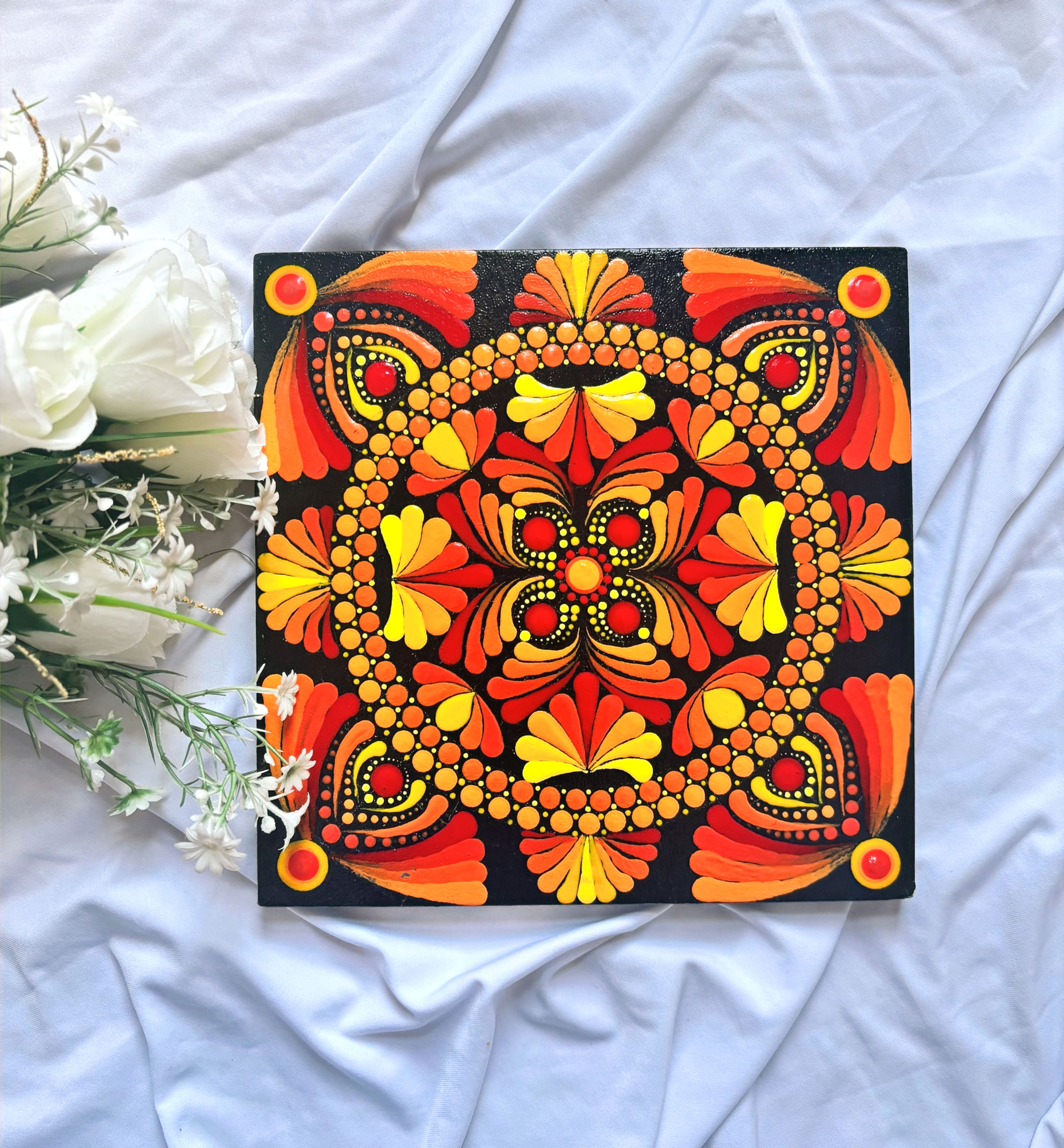 “Tranquil Radiance” – 8-Inch Hand-Painted Mandala Art on Canvas