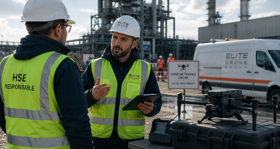 Coordination d’une opération drone sur un site professionnel entre un exploitant drone et un responsable sécurité dans un environnement industriel complexe.