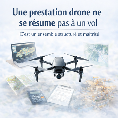 llustration claire et professionnelle montrant un drone moderne au centre, entouré en transparence d’éléments représentant une mission complète : ordinateur avec logiciel 3D, carte, documents administratifs, calculatrice et chantier. Le visuel met en évidence que la prestation drone ne se limite pas au vol, mais repose sur un ensemble structuré et maîtrisé.
