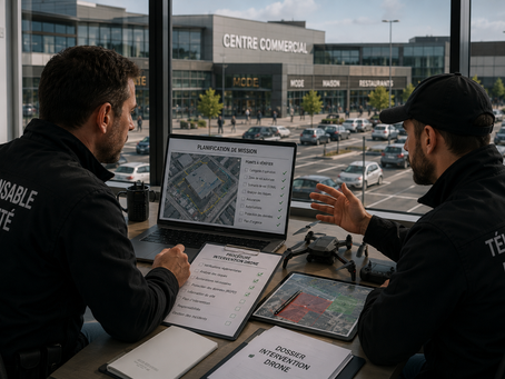Deux professionnels — un responsable sécurité et un télépilote drone — échangent autour de la préparation d’une mission drone dans un centre commercial. Assis face à un parking et aux bâtiments du site visibles à travers une grande baie vitrée, ils analysent des documents de procédure, une cartographie de mission et une checklist réglementaire affichée sur ordinateur. L’image illustre la coordination opérationnelle et les responsabilités liées aux interventions drones en environnement professionnel sécurisé.