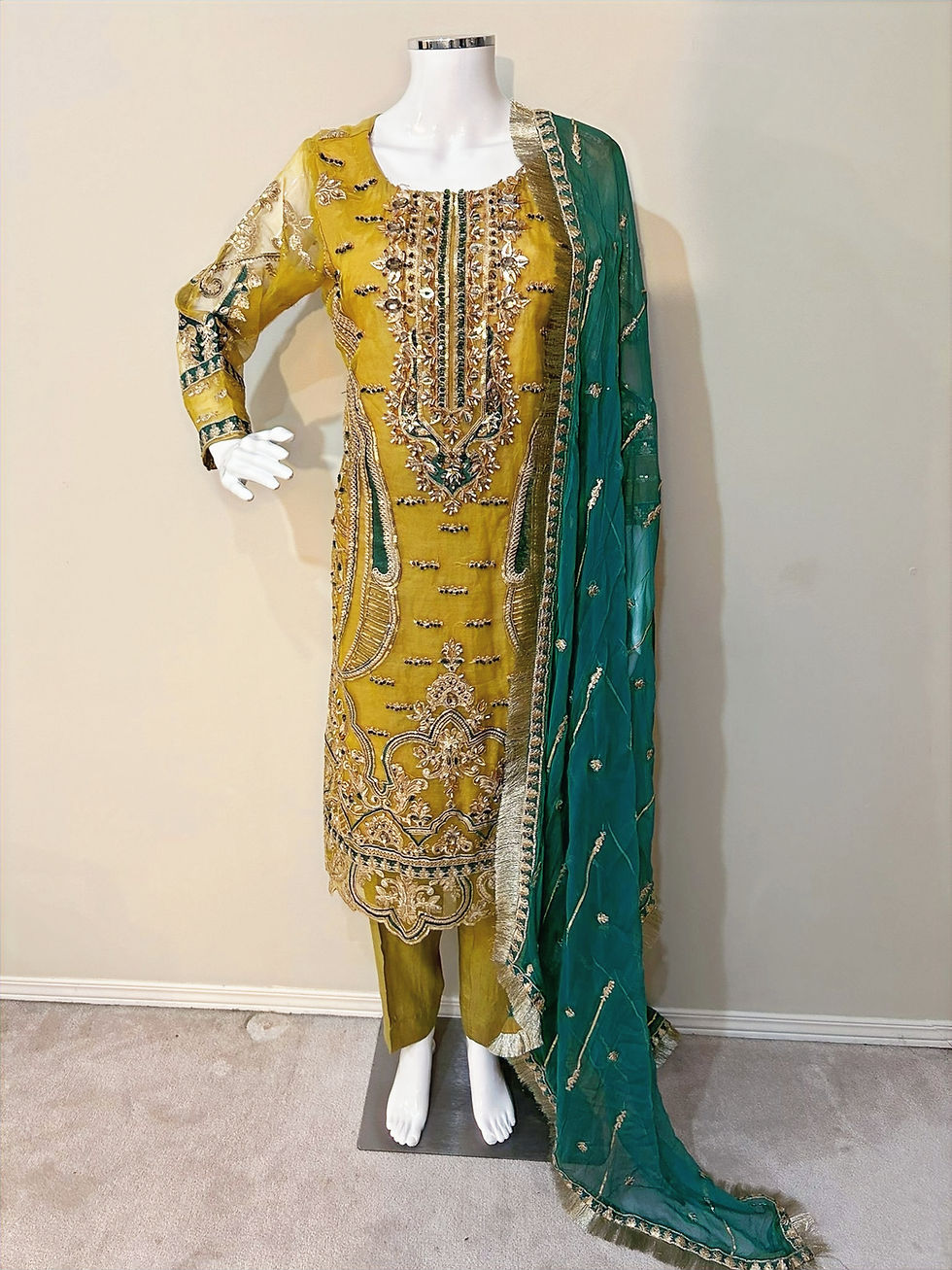 Thumbnail: Embroidered Chiffon 3pc - Yellow/ Green