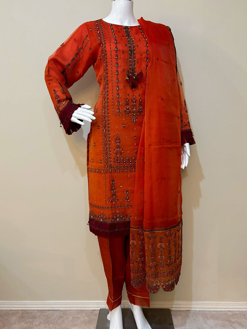 Thumbnail: 3PC Silk and Organza Suit -Orange
