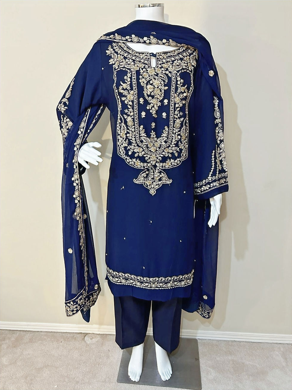Thumbnail: Embroidered Chiffon 3pc Suit - Blue
