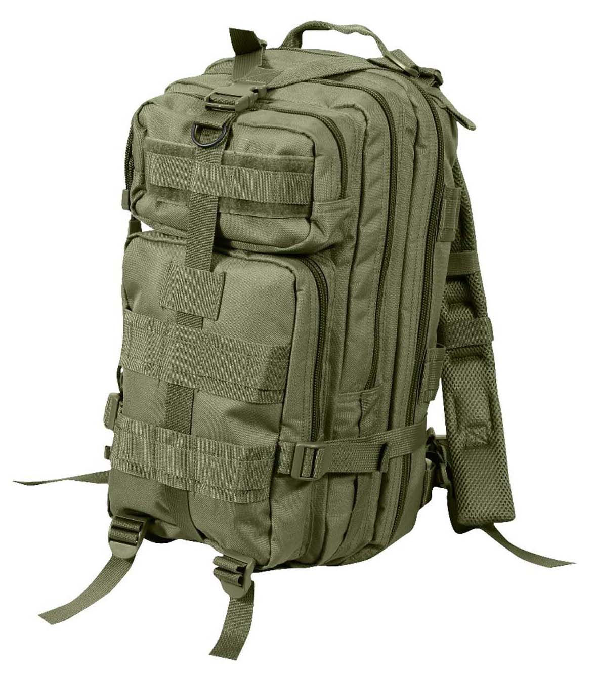 Green tactical backpack with straps and pockets on white background; Brickhouse Adventure.