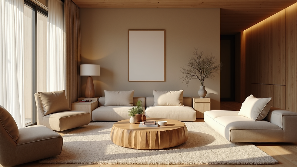Eye-level view of a modern living room with earthy tones and natural materials