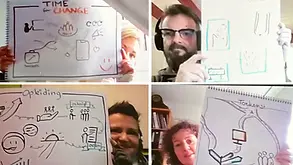 Deelnemers aan online workshop zakelijk tekenen die hun eigen getekende praatplaat laten zien